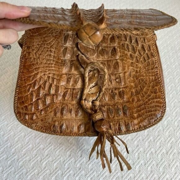 Vintage 80s Hornback Alligator Crocodile Leather Handbag Purse Tassel Western - Picture 12 of 15